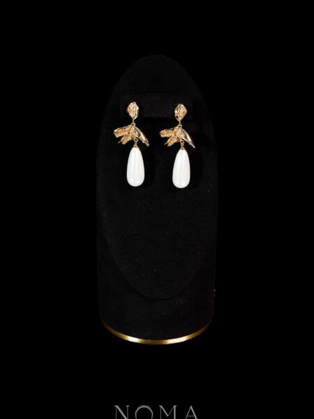 Shiny Metal Drop Pearl Earrings - Gold, White Pearl