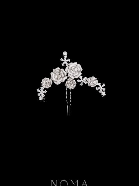 Paved Rose Floral Large Hairpin - White Gold