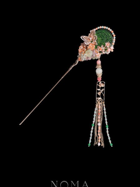 Carved Teardrop Jade Butterfly Hairpin - Gold, Jade