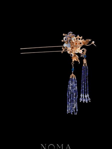 Majestic Crane Cloud Pagoda Hairpin - Gold, Sapphire (Left)