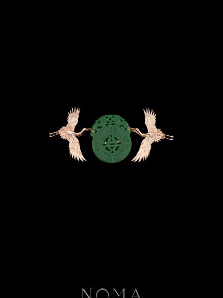 Twin Crane Unique Jade Brooch - Gold, Jade