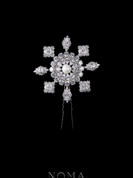 Round Shine Radiant Hairpin - Rhodium White Gold, White Pearl