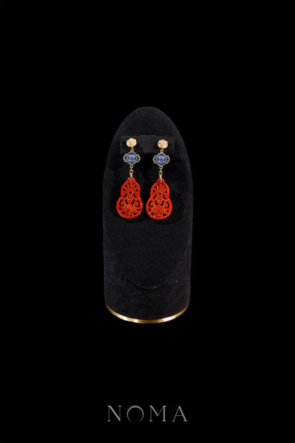 JJW-202400009-Carved-Floral-Gourd-Jade-Happiness-Earrings-18k-Yellow-Gold-Red-Jade