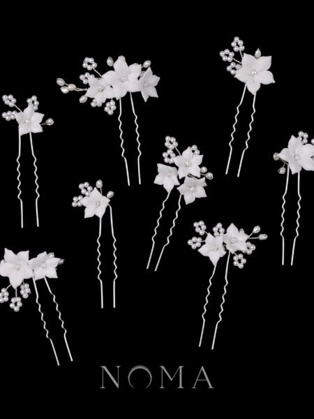 Clay Flower Jasmine Pearly Hairpin Set - White Silver (8 pcs)