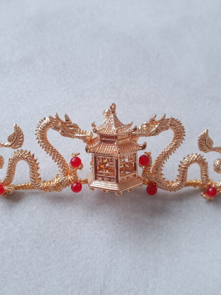 Twin Dragon Pagoda Brooch - Gold, Red