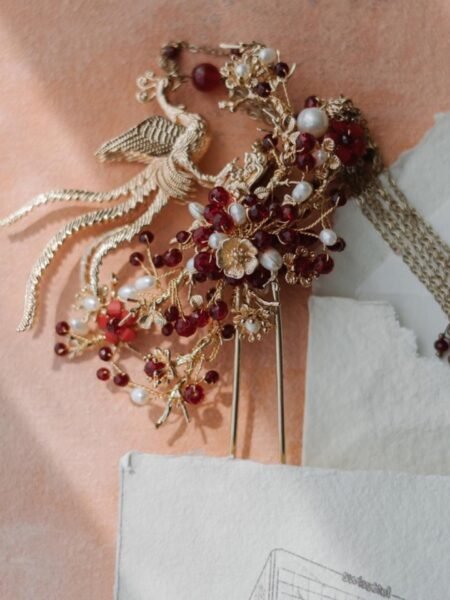3D Phoenix Garden Hairpin - Gold, Red