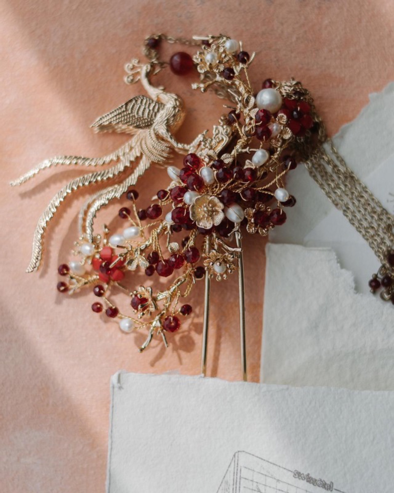 3D Phoenix Garden Hairpin - Gold, Red