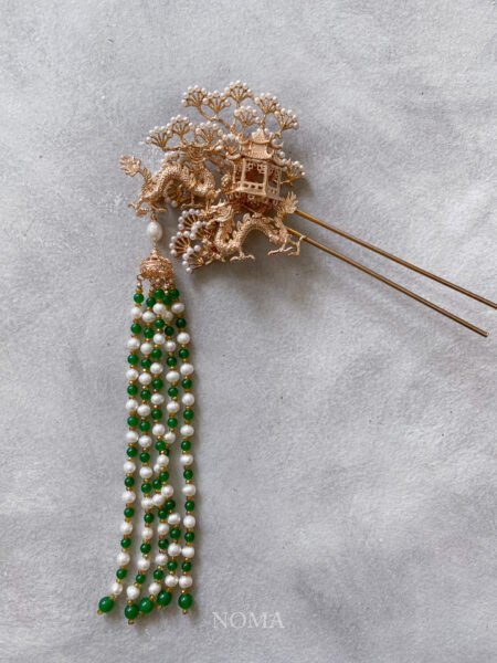 3D Dragon Pagoda Garden Hairpin - Gold, Green (Right)