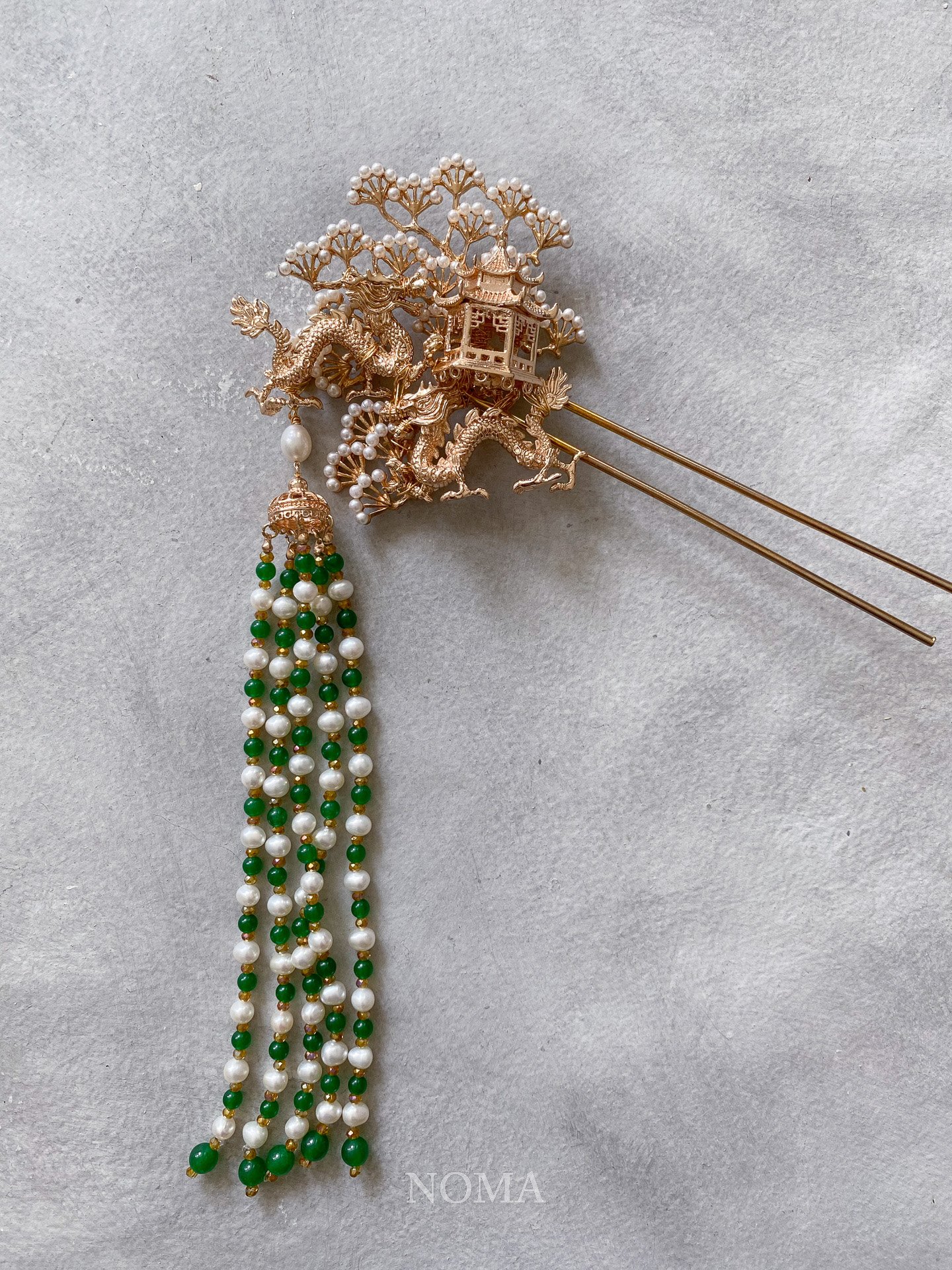 3D Dragon Pagoda Garden Hairpin - Gold, Green (Right)