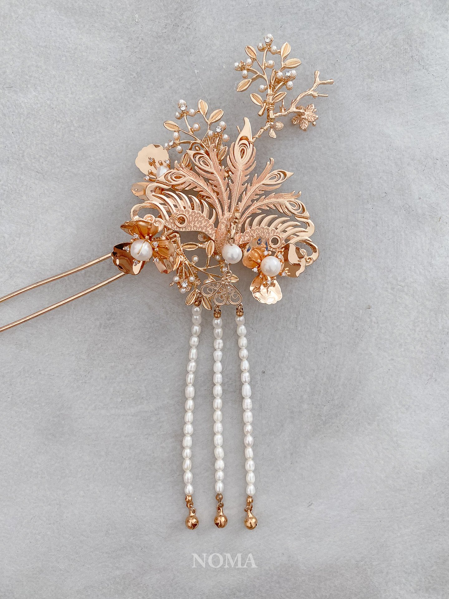 3D Peacock Flower Garden Hairpin - Gold (Left)