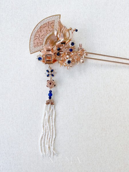 Flying Crane Bouquet Hairpin - Gold, Sapphire (Right)