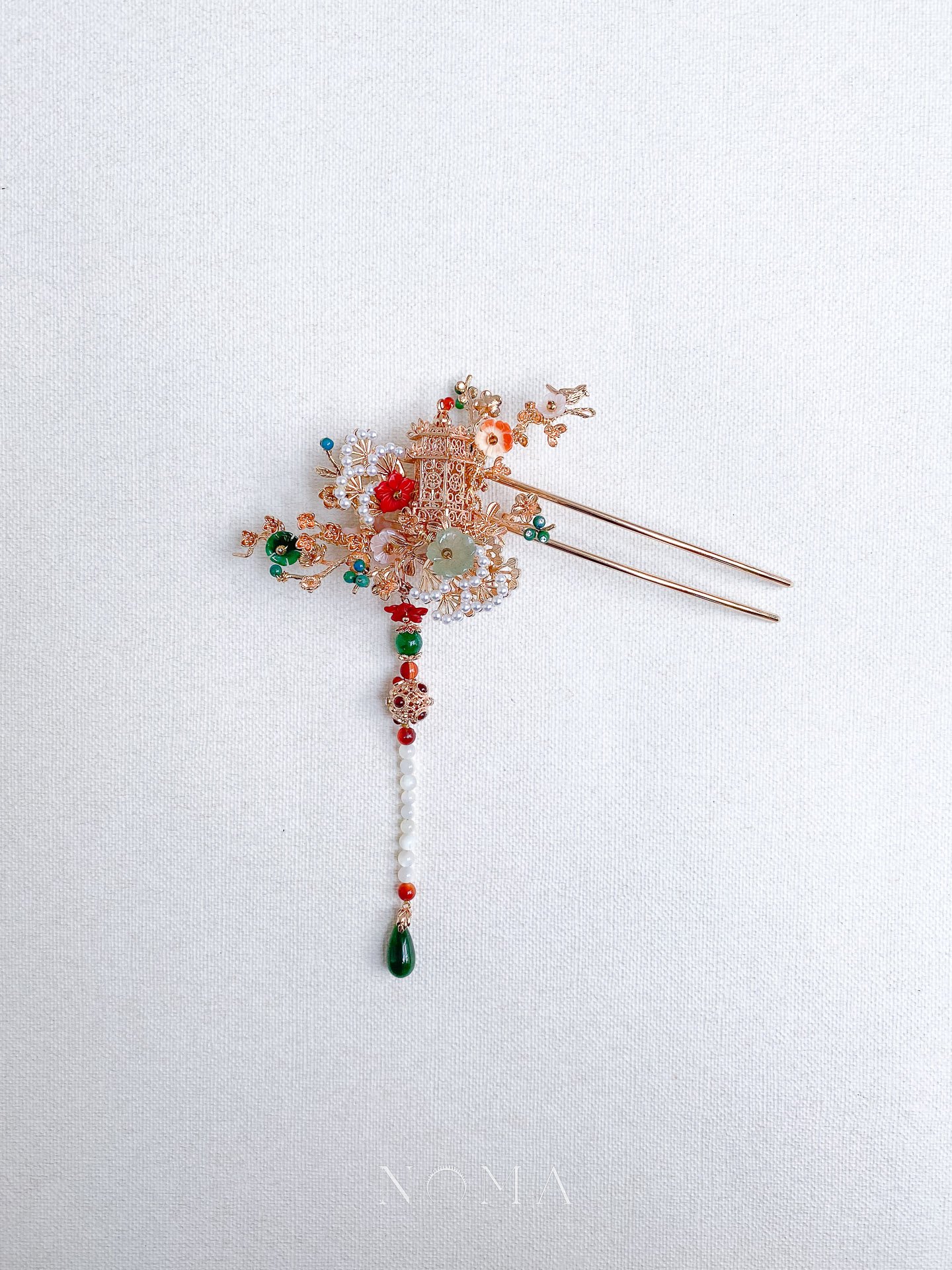 Jade Pagoda Flower Branch Hairpin - Gold, Jade (Right)