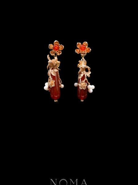 Pear Jade Branch Bird Earrings - Gold, Red Jade