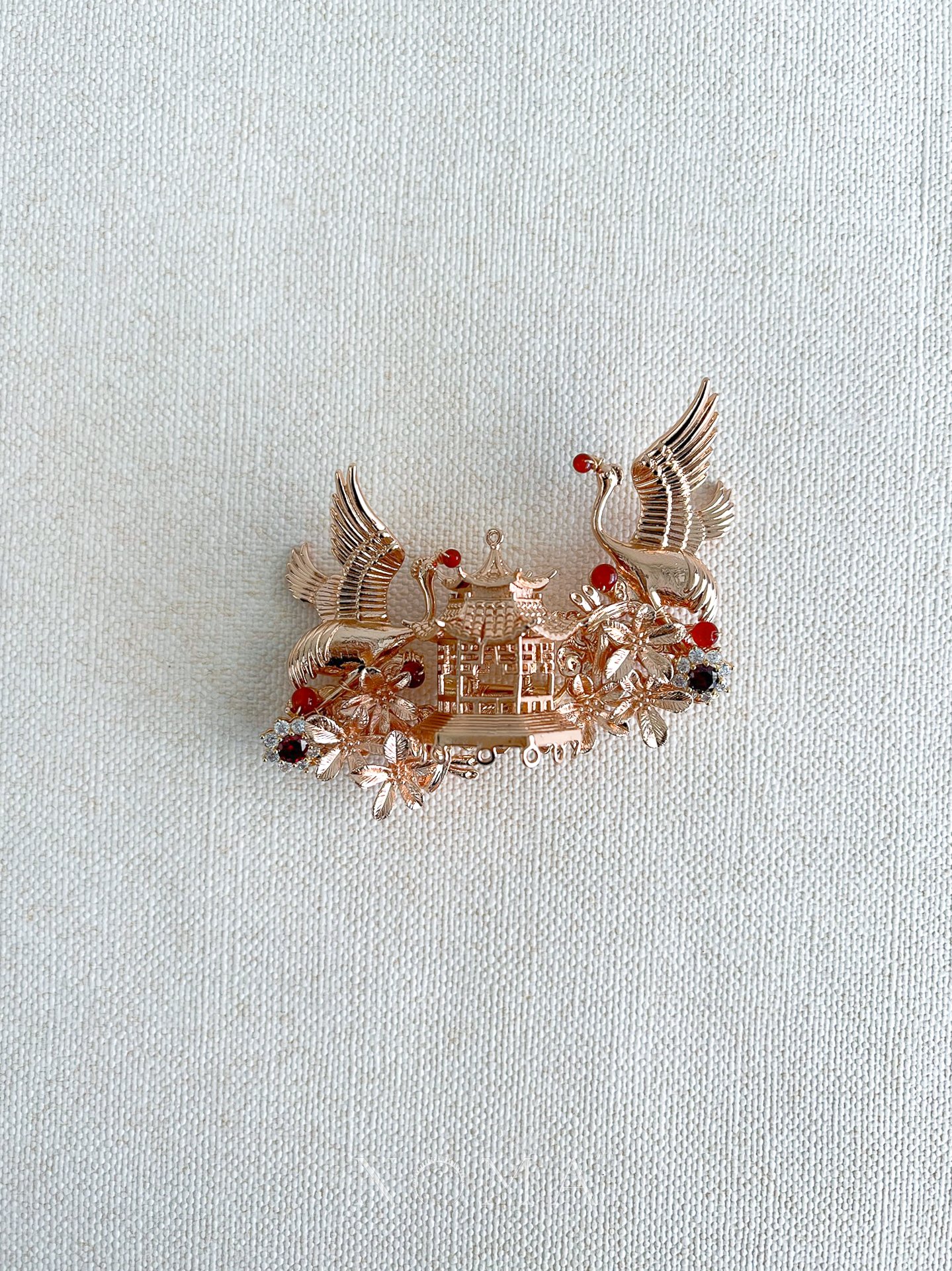 Flying Crane Bouquet Brooch - Gold, Ruby