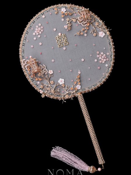 Branch Twigs Double Pagoda Scenery Fan - Gold, Pink