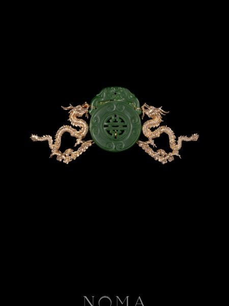 Twin Dragon Unique Jade Brooch - Gold, Jade