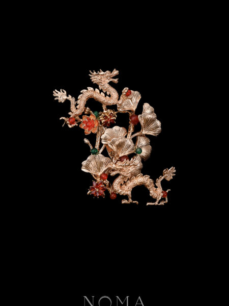 Twin Dragon Ginkgo Bush Brooch - Gold, Ruby
