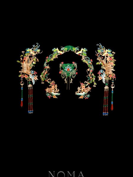 Colorful Jade Crane Ornamental Full Set - Gold, Jade (4 pcs)