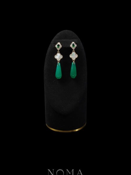 Oval T Clover Pear Bud Jade Earrings  - Gold, Emerald