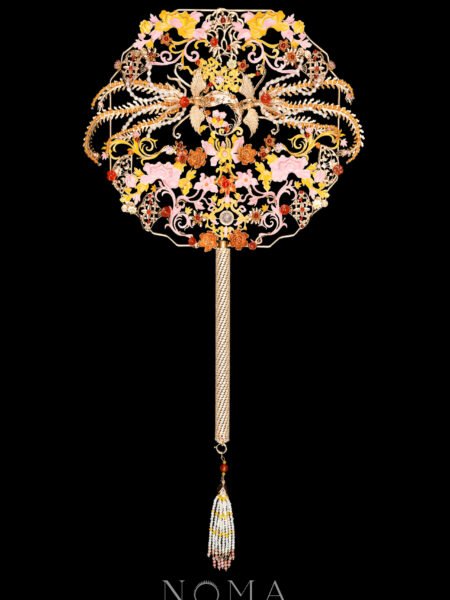 Colorful Phoenix Twin Lotus Ornament Fan - Gold