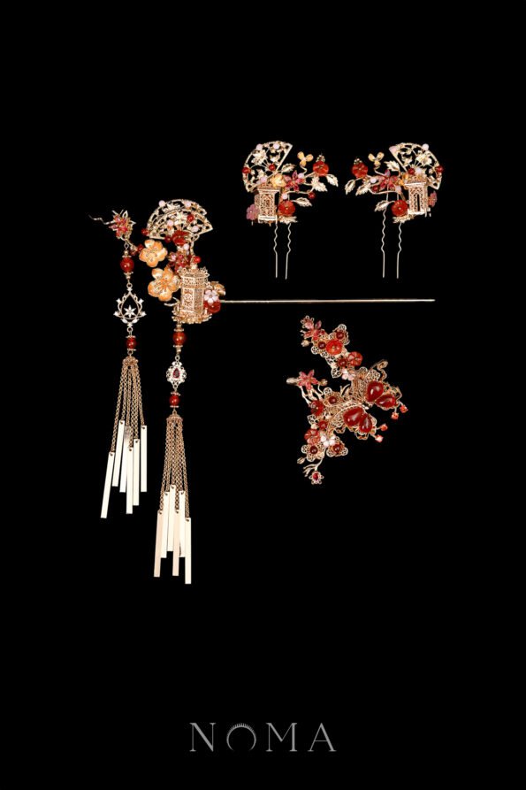 CHN-202400262-Floral-Fan-Shaped-Arrangement-Set-Gold-Ruby-4-pcs