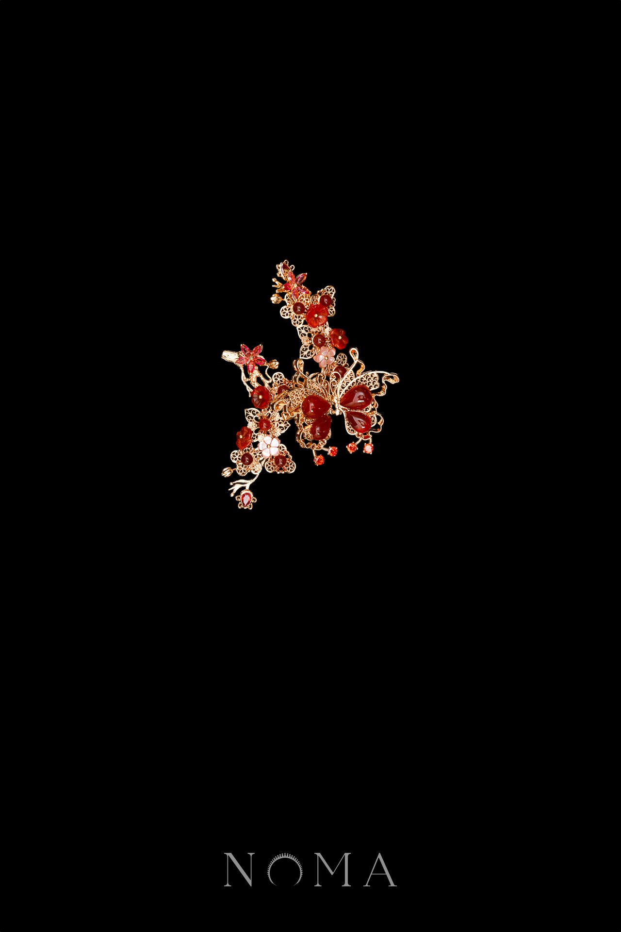 Floral Branch Butterfly Side Hairvine/Brooch - Gold, Ruby
