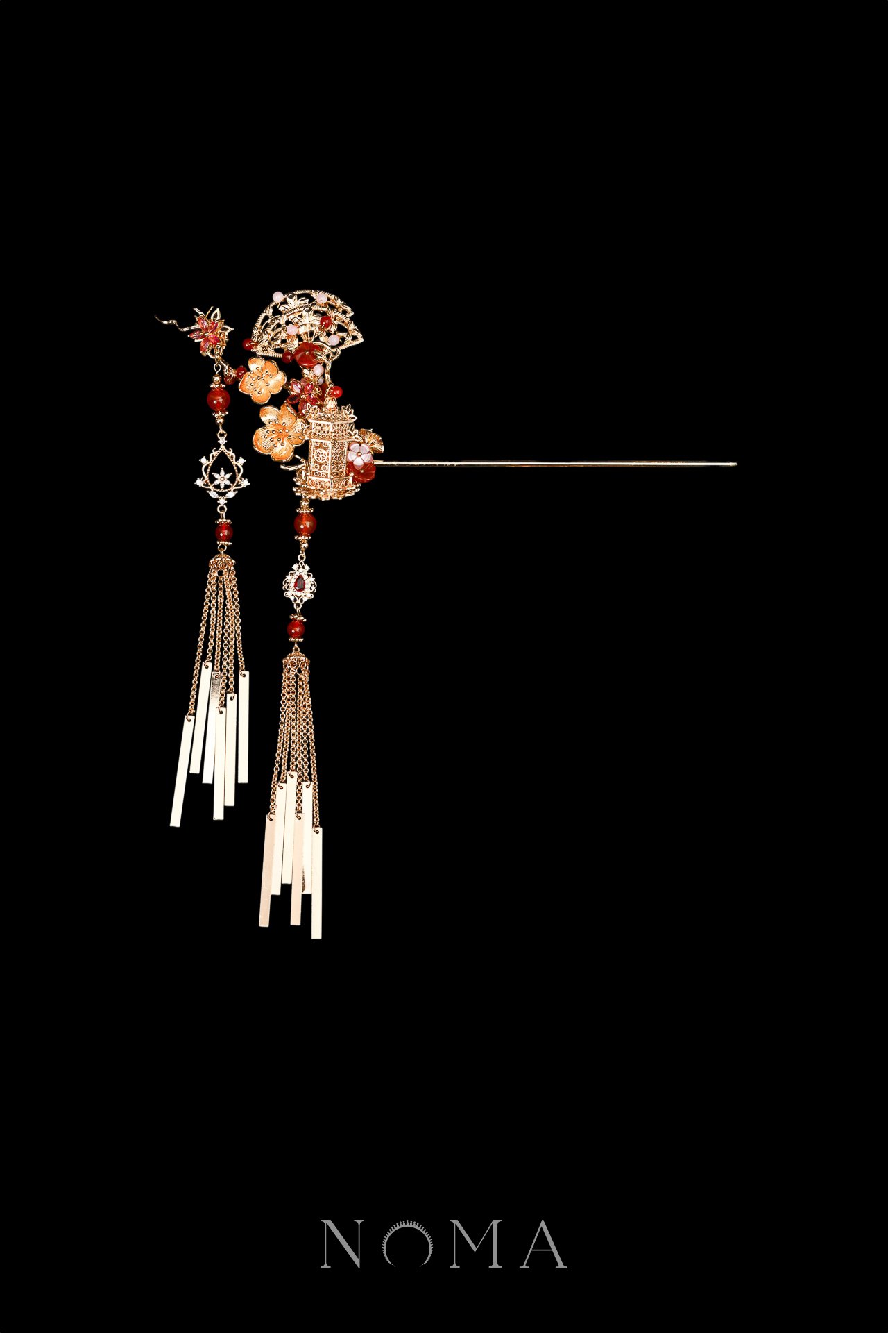 Floral Fan-Shaped Long Hairpin - Gold, Ruby