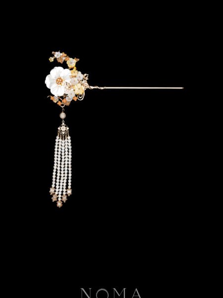 Bird on Petite Branch Flower Hairpin - Gold, White