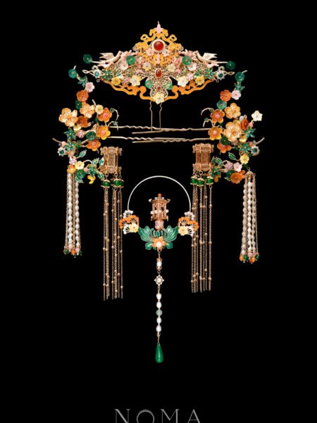 Colorful Crane Curved Branch Pagoda on Lotus Set - Gold (4 pcs)