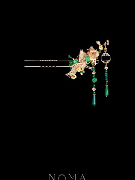 Crane Heaven Cloud Hairpin - Gold, Green (Left)