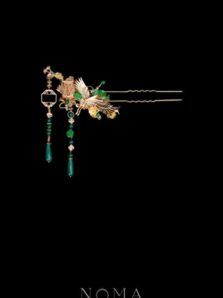 Crane Heaven Cloud Hairpin - Gold, Green (Right)