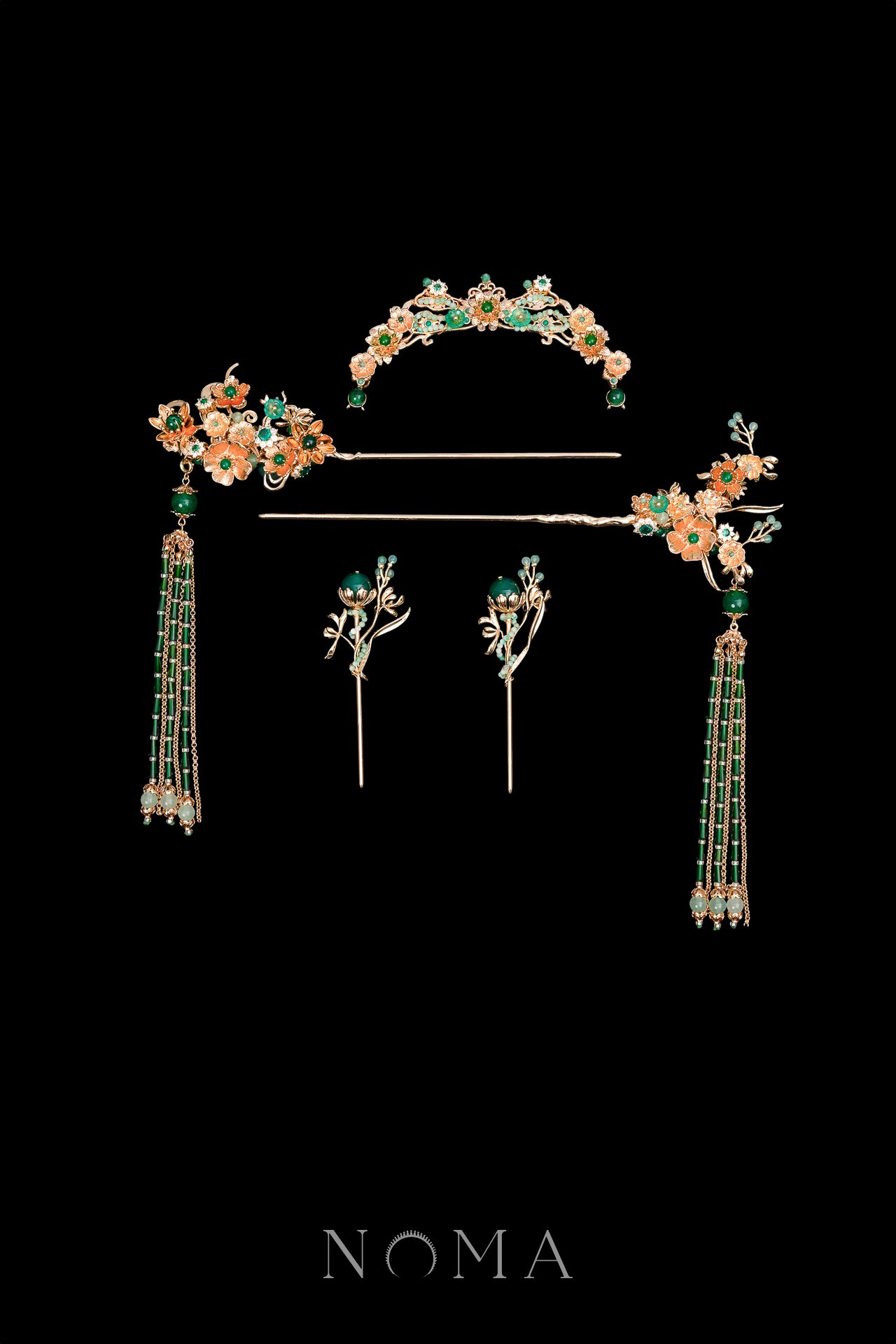 Oriental Flower Set - Gold, Green (5 pcs)