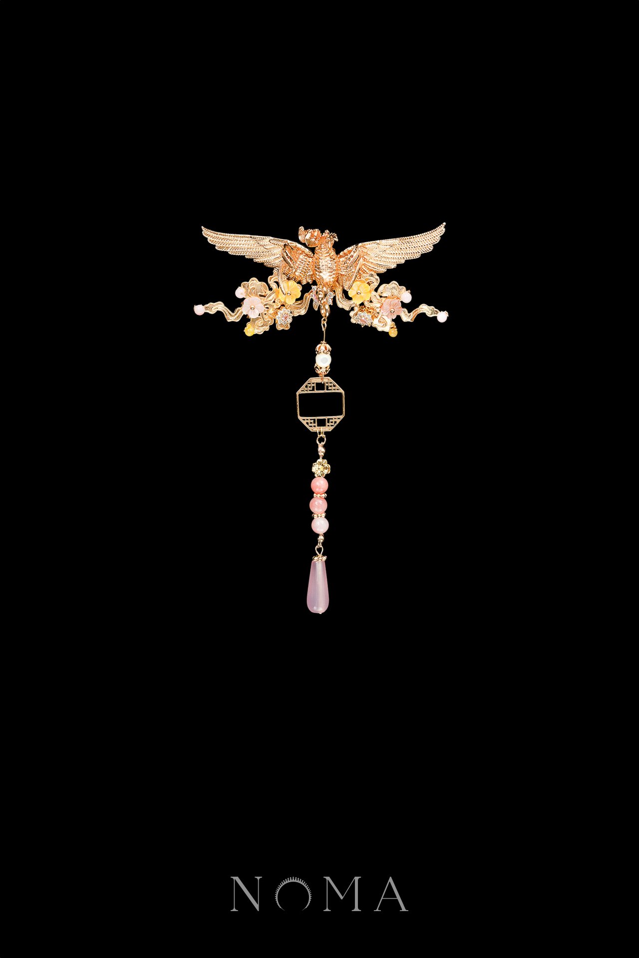 Winged Phoenix Cloud Floral Brooch/Hairvine - Gold, Pink