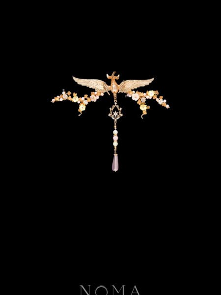 Winged Phoenix Branch Floral Hairvine/Brooch - Gold, Pink