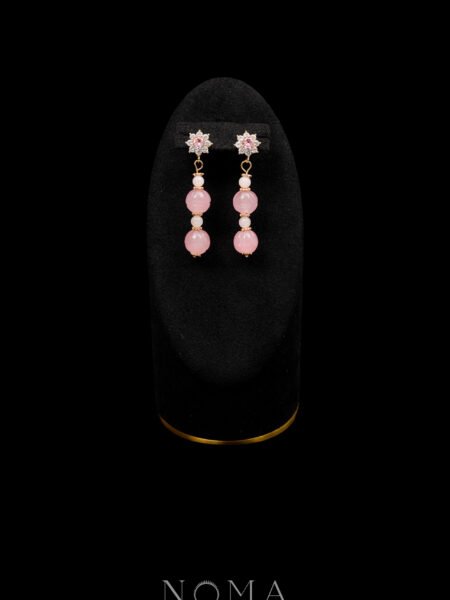 Round Paved Double Dangling Pumpkin Jade Earrings - Gold, Pink Jade