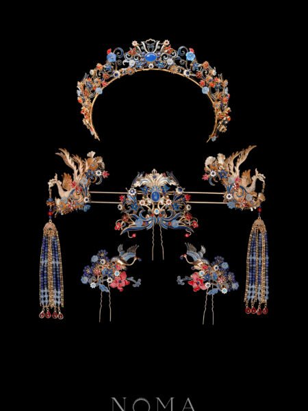 Colorful Phoenix Crane Ornament Full Set - Gold, Sapphire (6 pcs)