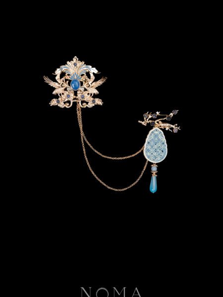 Crane Ornament Dangling Jade Chain Brooch - Gold, Blue Jade