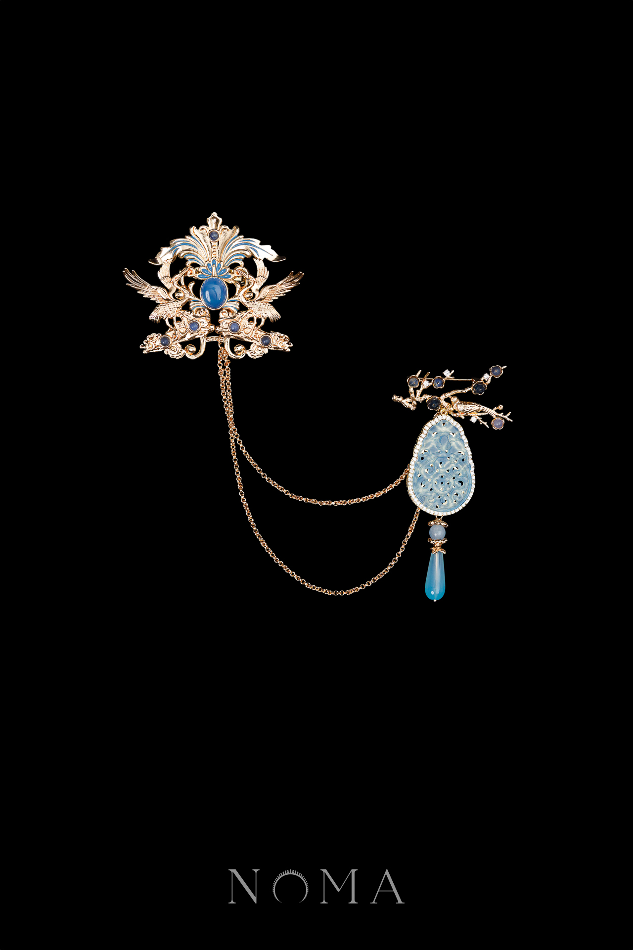 CHN-202500076-Crane-Ornament-Dangling-Jade-Chain-Brooch-Gold-Blue-Jade