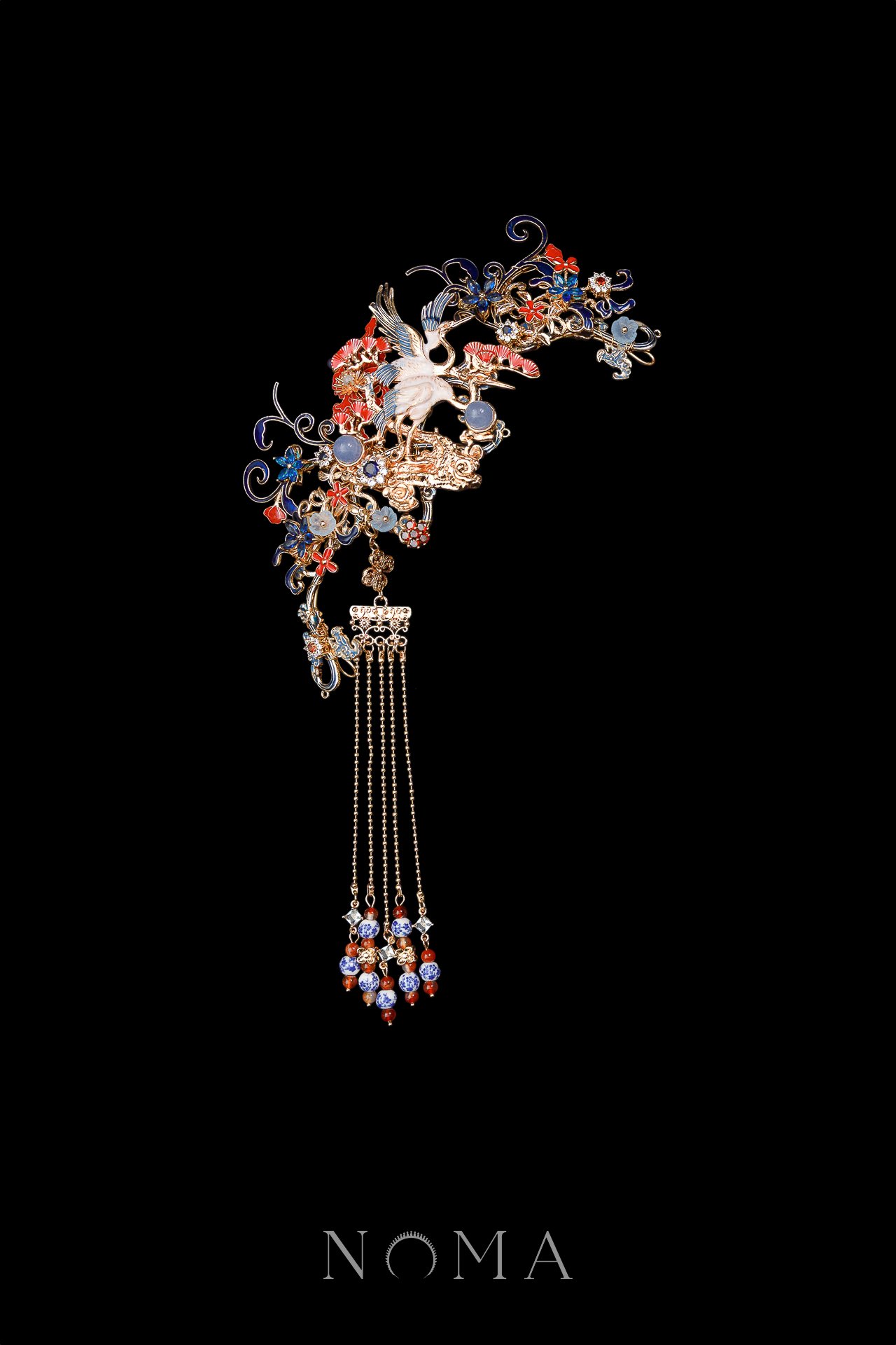 Colorful Crane Inspiration Side Hairvine - Gold, Sapphire (Left)