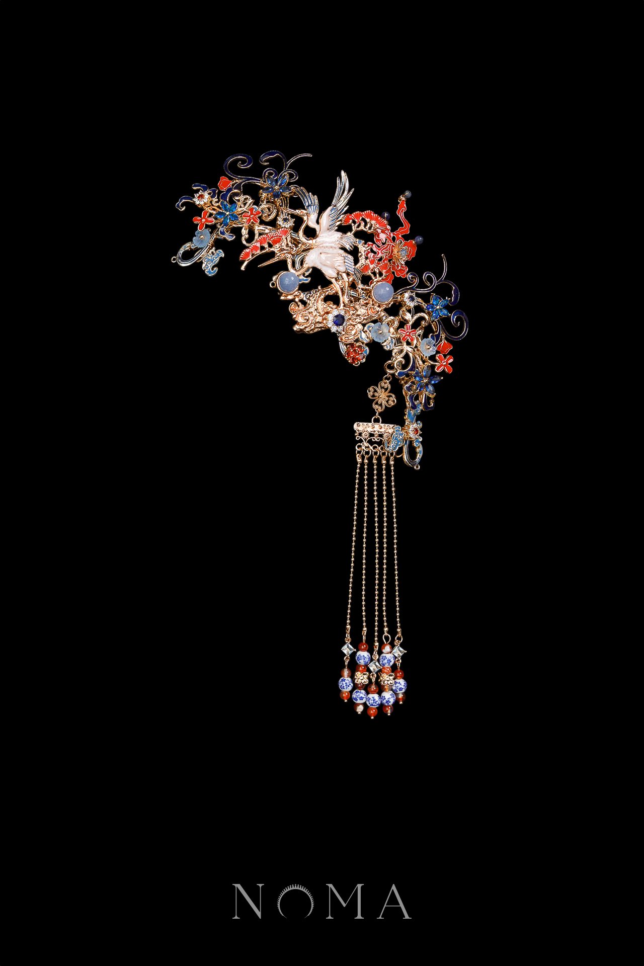Colorful Crane Inspiration Side Hairvine - Gold, Sapphire (Right)
