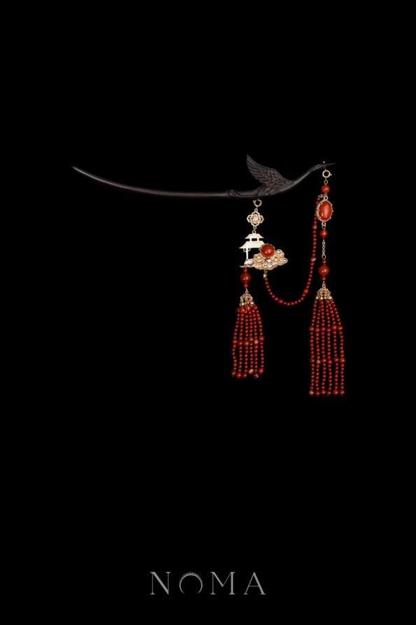 CHN-202500092-Carved-Wooden-Crane-Dangling-Hairpin-Gold-Red