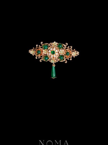 Decorated Floral Pear Jade Brooch - Gold, Jade
