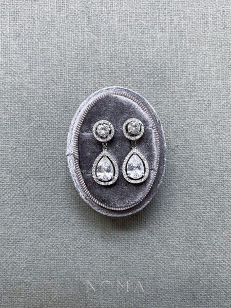 DIY Round Top Pear Bottom Earrings Set - Rhodium White Gold, White Diamond (6 pcs)