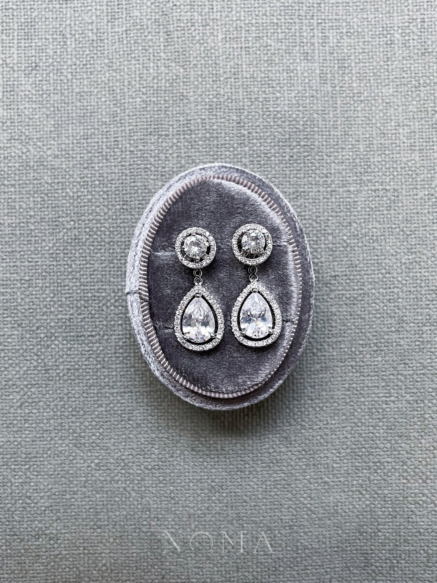 DIY Round Top Pear Bottom Earrings Set - Rhodium White Gold, White Diamond (6 pcs)