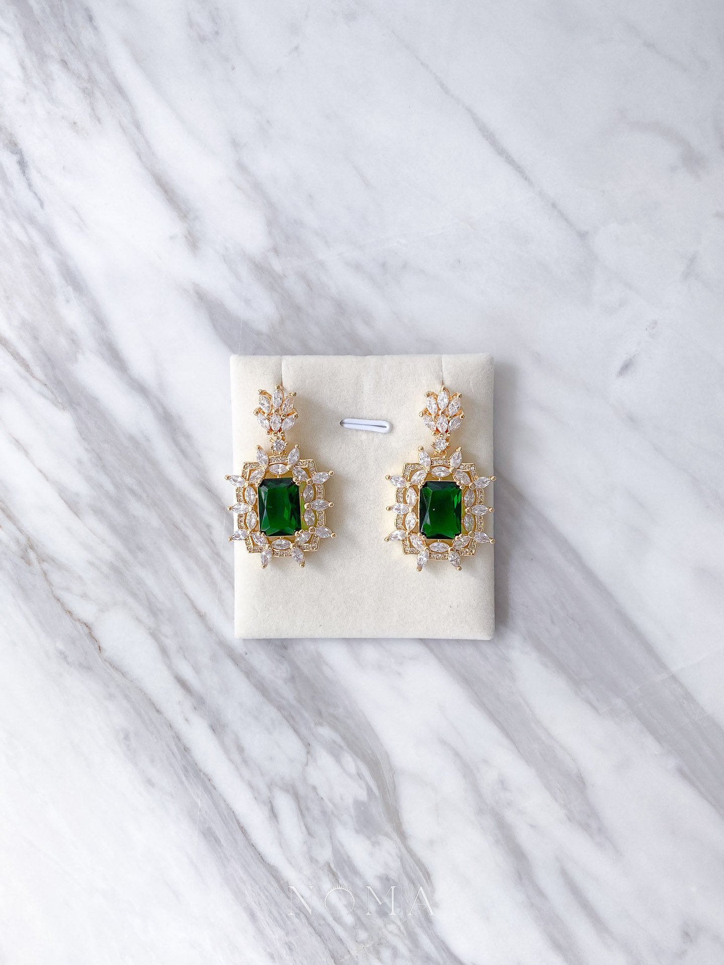Large Vintage Elongated Cushion Earrings - 18k Yellow Gold, Emerald