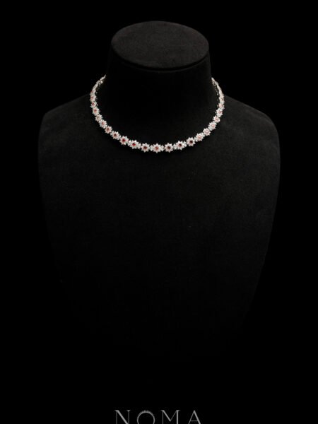 Round Paved Double Dot Choker - Rhodium White Gold, Ruby