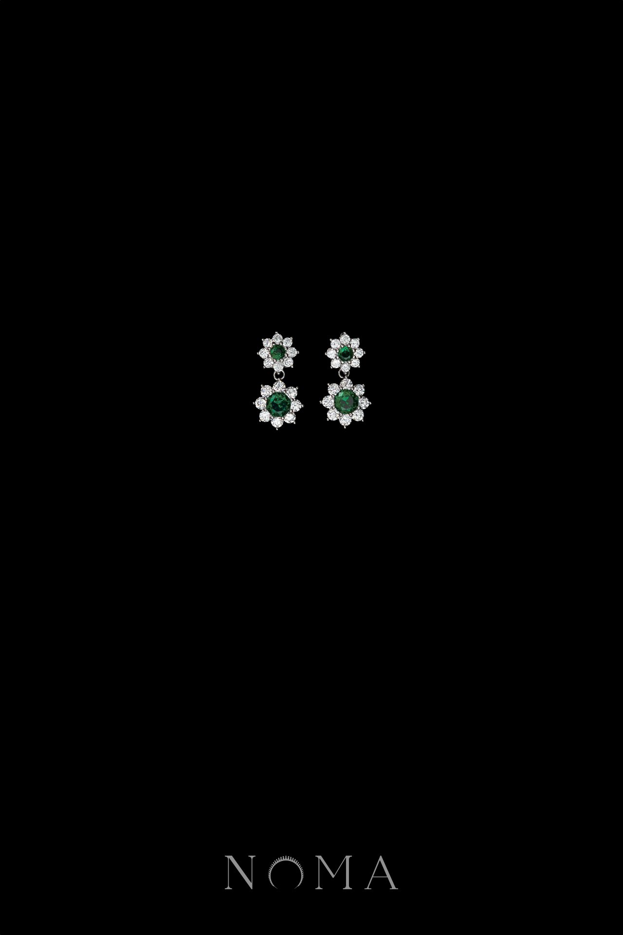 Round Paved Double Dot Earrings - Rhodium White Gold, Emerald