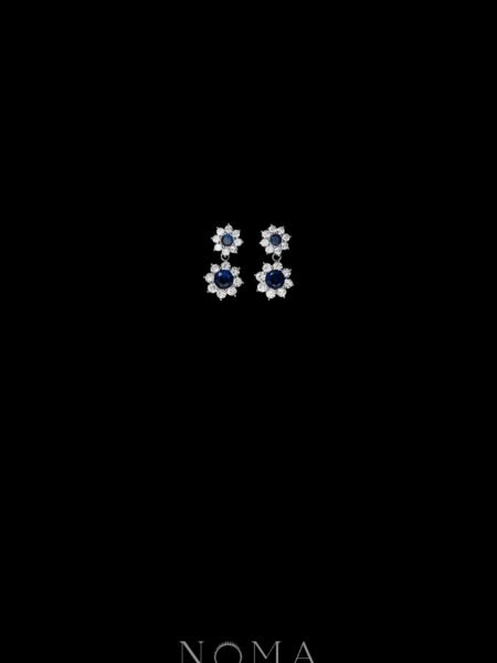 Round Paved Double Dot Earrings - Rhodium White Gold, Sapphire