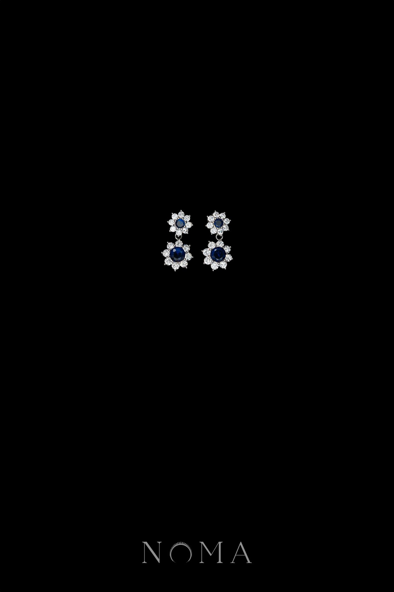Round Paved Double Dot Earrings - Rhodium White Gold, Sapphire