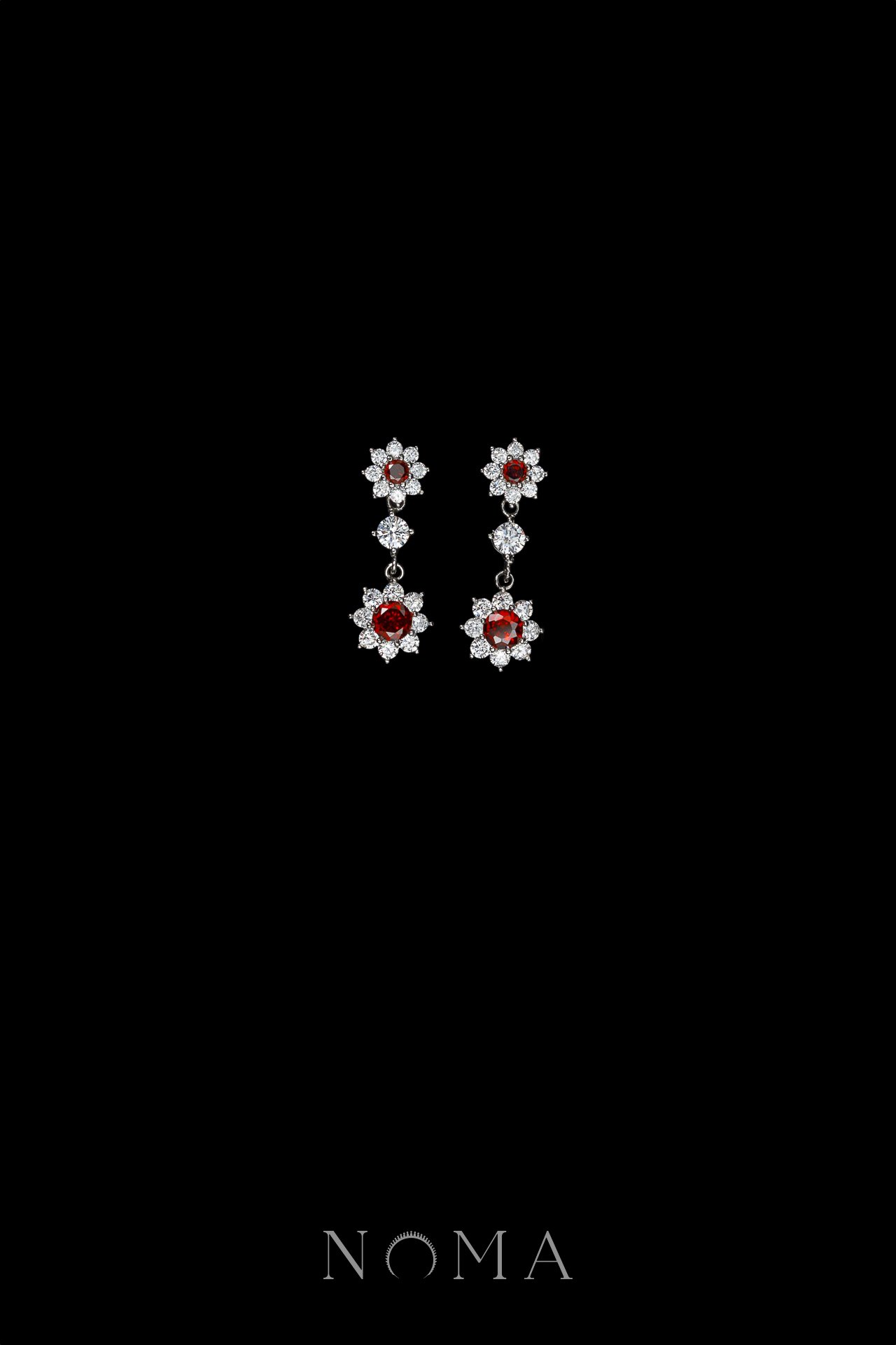 Round Paved Double Dot Round Earrings - Rhodium White Gold, Ruby